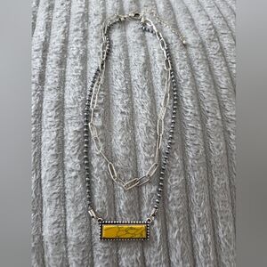 Layered Silver Tone Chain Necklace Yellow Stone Bar Pendant Southwestern Style